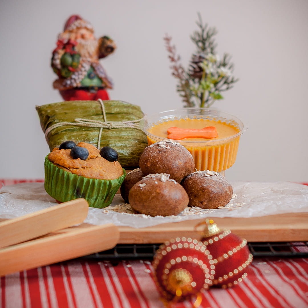 Ancheta para perros natural con buñuelos, natilla, torta y tamal